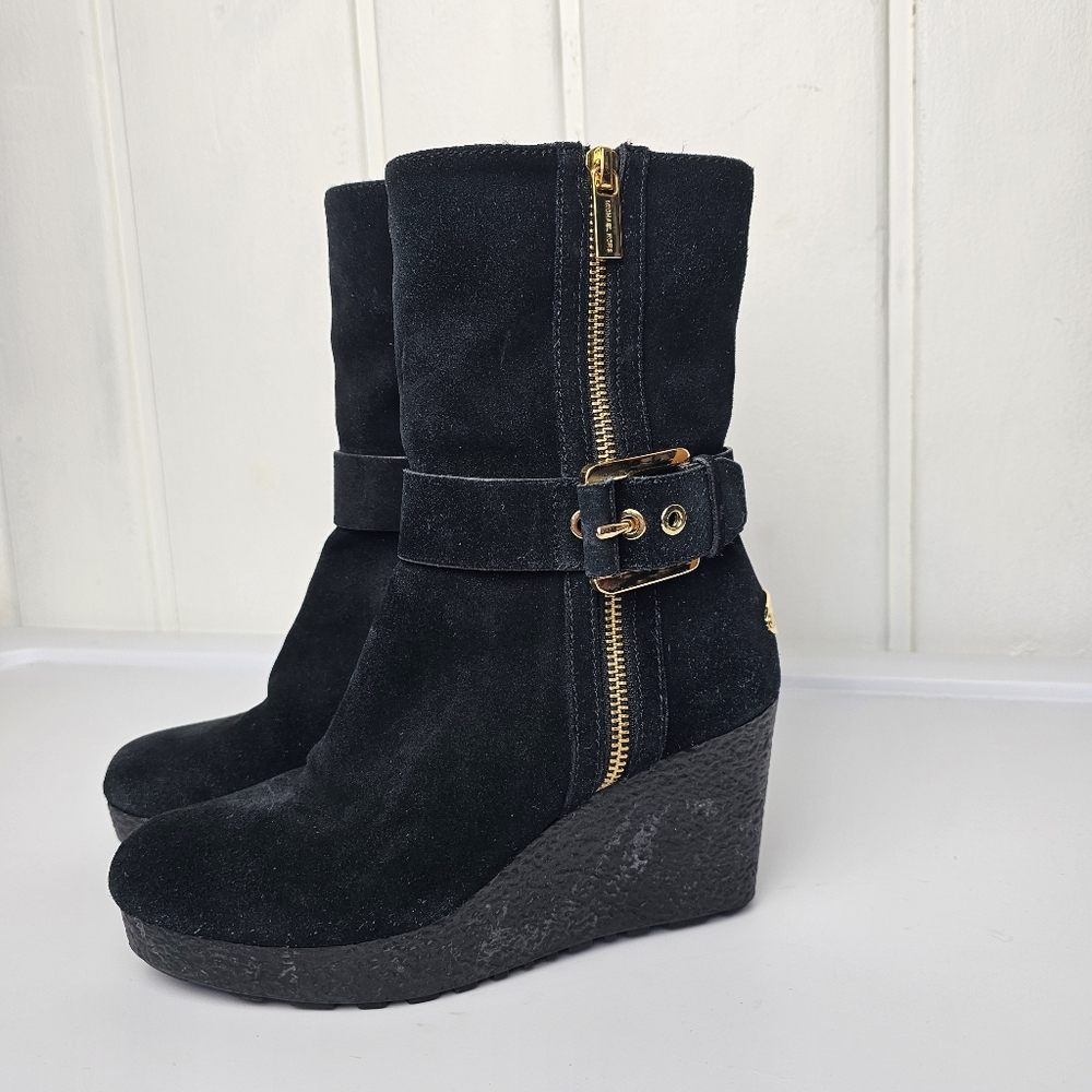 Michael Kors Lizzie Black Suede Gold Hardware Ankle Booties 5.5